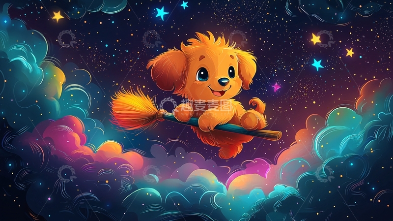 高清大图下载【趣麦麦图】可爱小狗骑扫帚飞翔