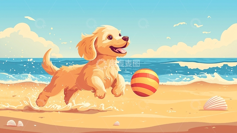 高清大图下载【趣麦麦图】沙滩上玩耍的金毛幼犬