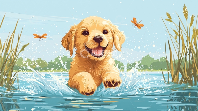 高清大图下载【趣麦麦图】金毛幼犬戏水