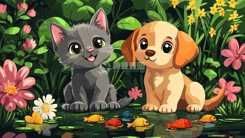 高清大图下载【趣麦麦图】可爱猫咪狗狗花园图