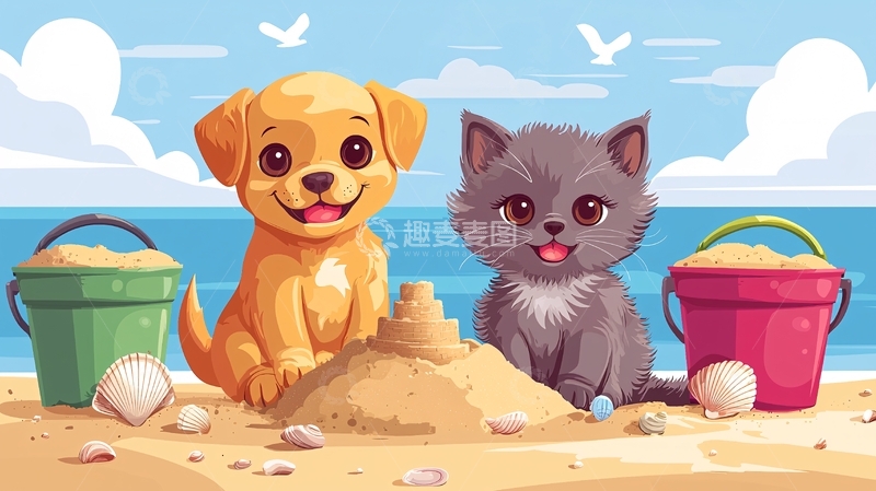 高清大图下载【趣麦麦图】沙滩上的小狗和小猫