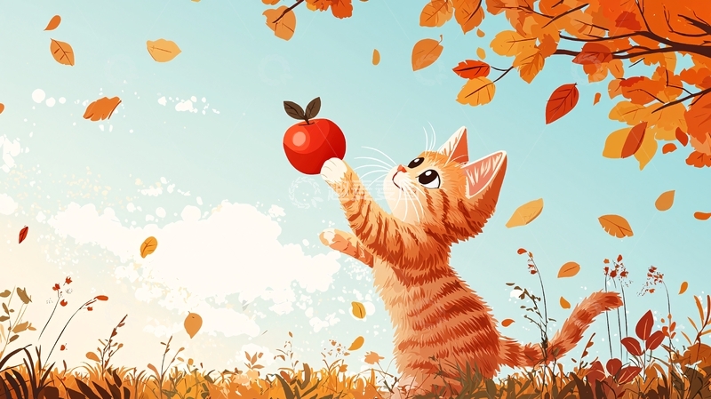 高清大图下载【趣麦麦图】秋日小猫接苹果
