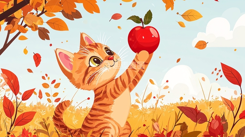 高清大图下载【趣麦麦图】卡通猫咪举着苹果