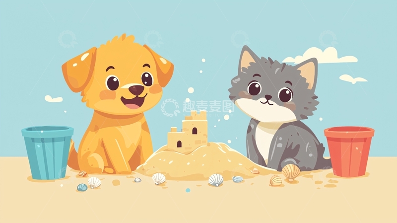 高清大图下载【趣麦麦图】狗狗和猫咪堆沙堡
