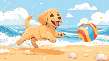 沙滩上玩耍的金毛幼犬