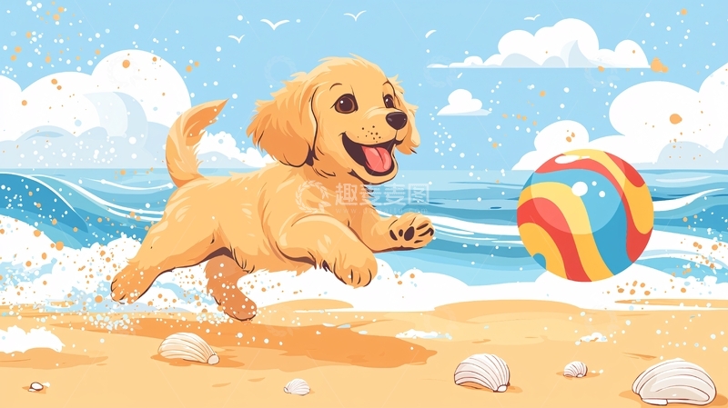 高清大图下载【趣麦麦图】沙滩上玩耍的金毛幼犬