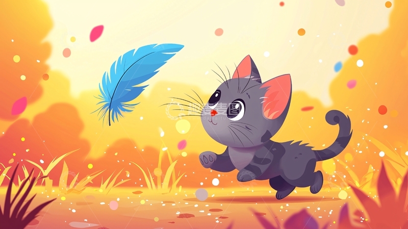 高清大图下载【趣麦麦图】可爱小猫与蓝色羽毛