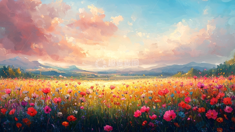 高清大图下载【趣麦麦图】梦幻多彩花海日落