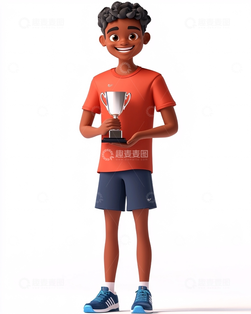 高清大图下载【趣麦麦图】拿着奖杯的卡通男孩