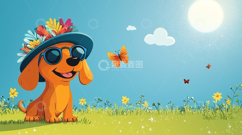 高清大图下载【趣麦麦图】戴花帽墨镜的小狗