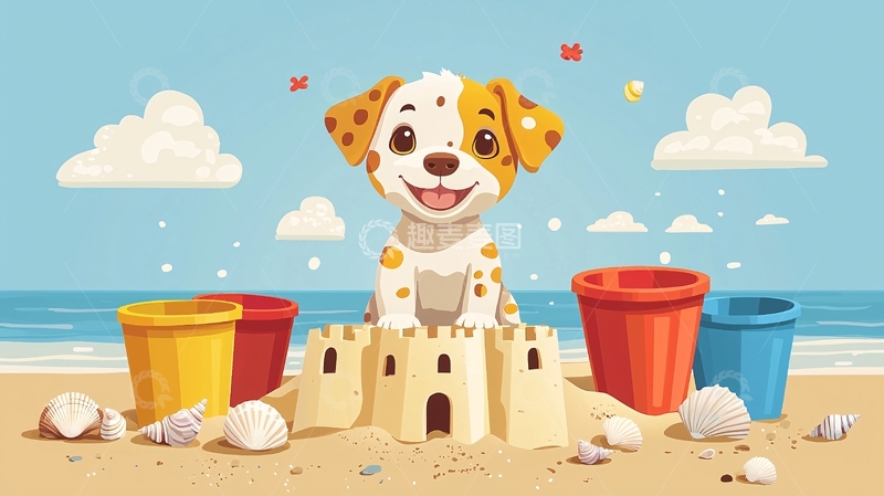 高清大图下载【趣麦麦图】小狗海滩玩耍城堡