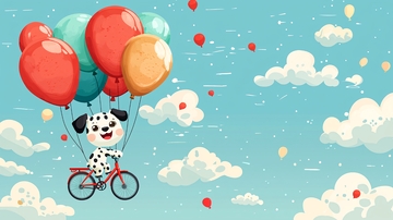 卡通斑点狗骑自行车飞天