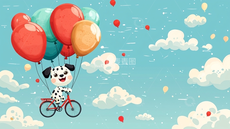 高清大图下载【趣麦麦图】卡通斑点狗骑自行车飞天