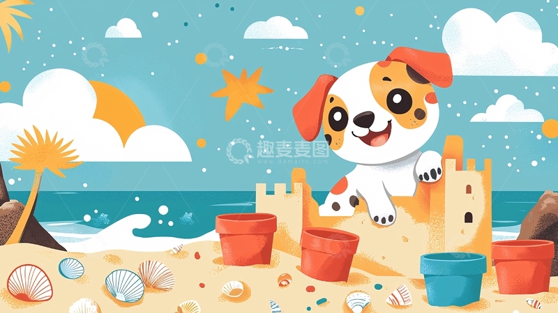 高清大图下载【趣麦麦图】卡通小狗沙滩玩耍
