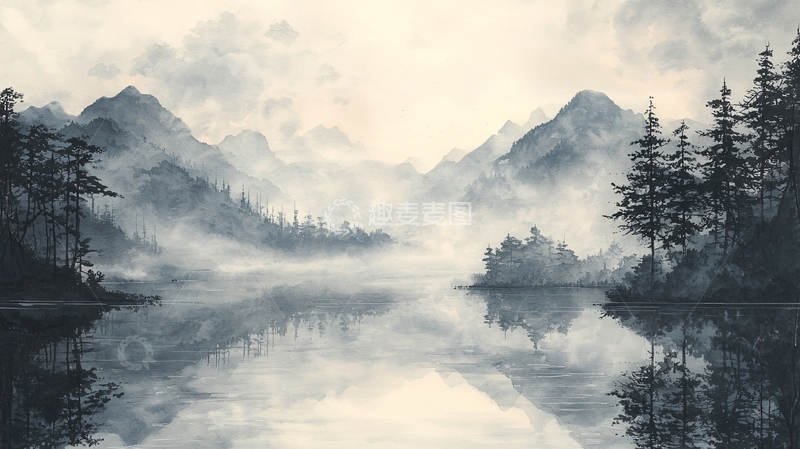 高清大图下载【趣麦麦图】雾气弥漫的山湖景色
