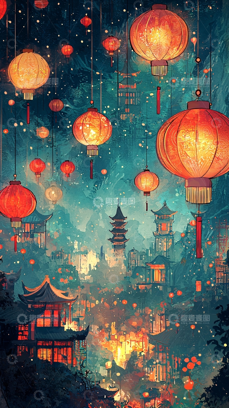 高清大图下载【趣麦麦图】梦幻古风灯笼夜景