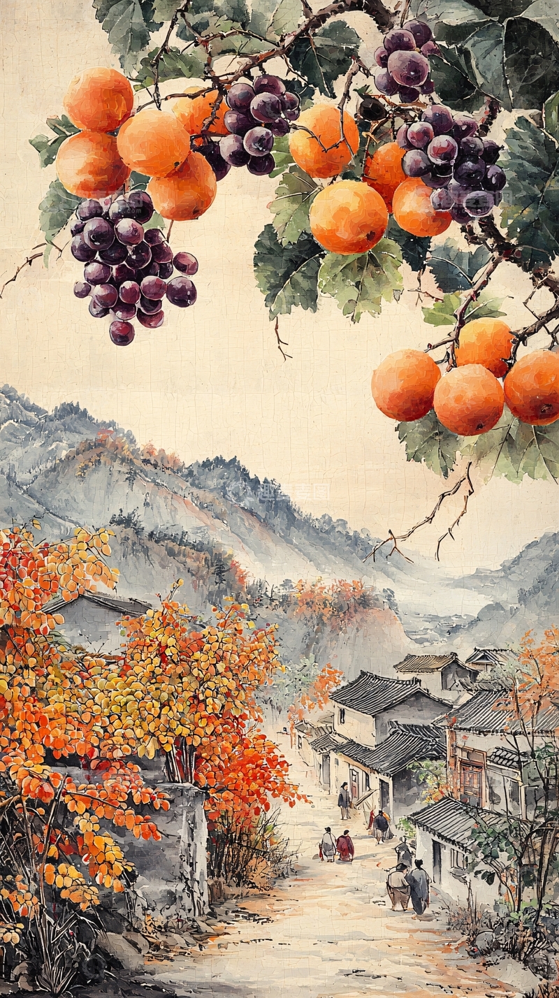 高清大图下载【趣麦麦图】秋日山村水果图