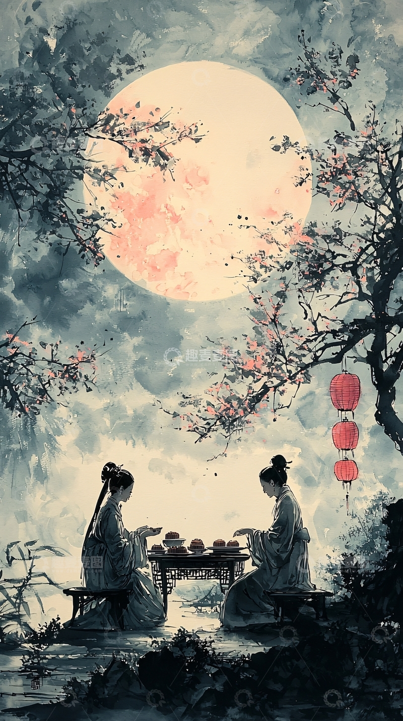 高清大图下载【趣麦麦图】月下对弈女子图