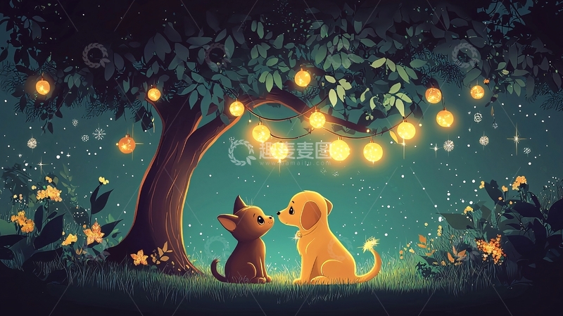 高清大图下载【趣麦麦图】-夜晚萤火树下的小狗