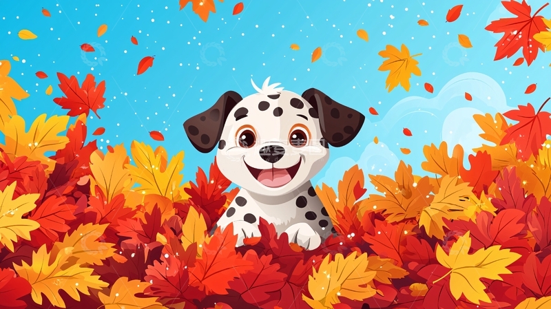 高清大图下载【趣麦麦图】秋叶中快乐的斑点狗