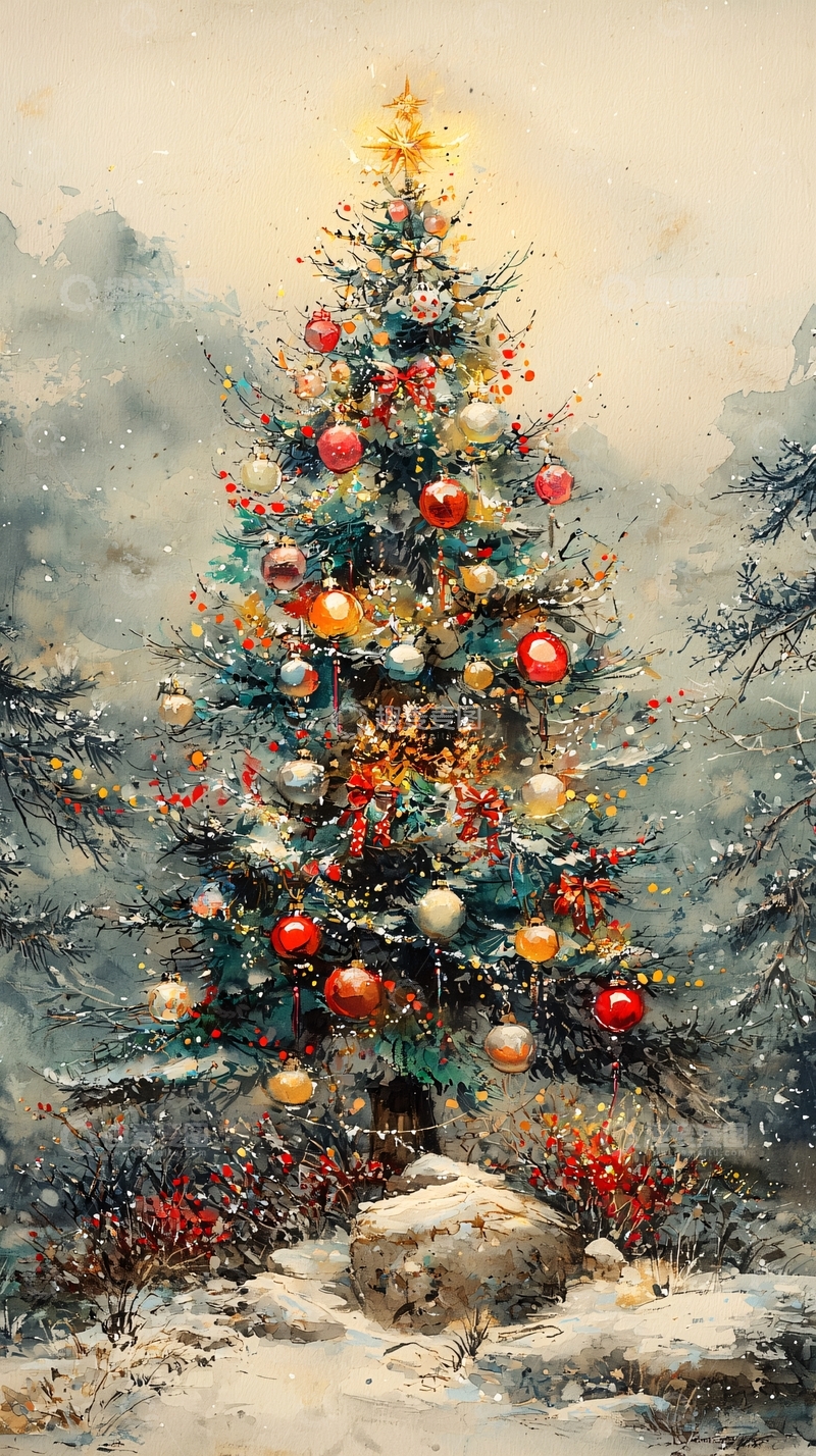 高清大图下载【趣麦麦图】雪山下的圣诞树