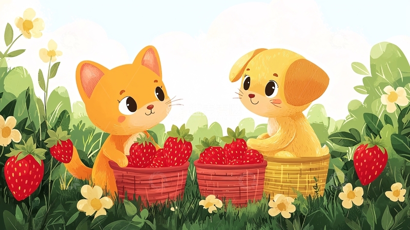 高清大图下载【趣麦麦图】猫咪狗狗采摘草莓