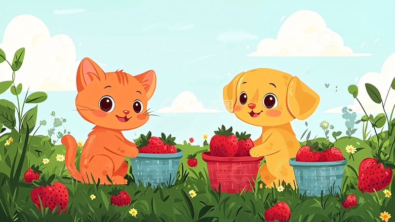 高清大图下载【趣麦麦图】小猫小狗采摘草莓