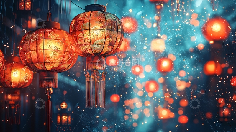 高清大图下载【趣麦麦图】梦幻红灯笼烟火夜景