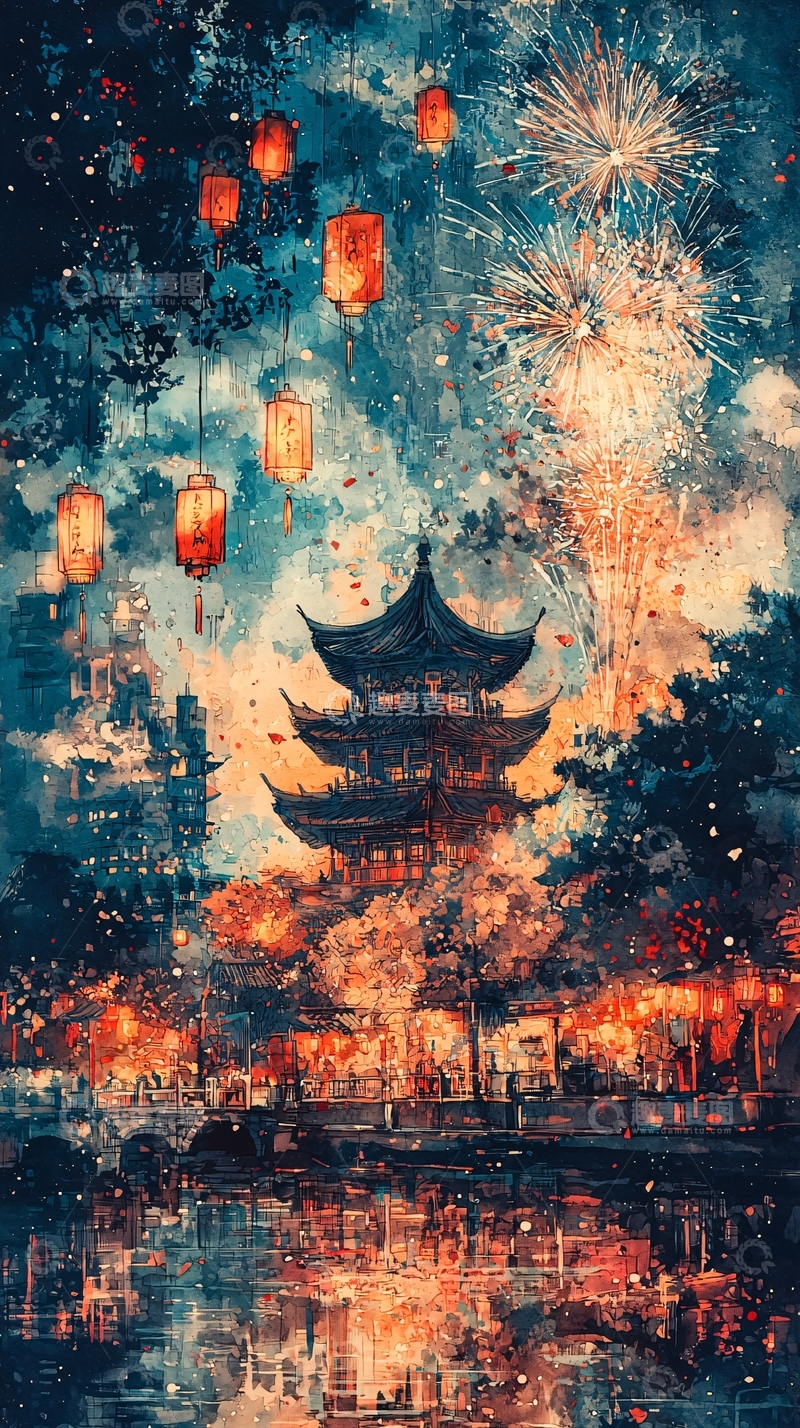高清大图下载【趣麦麦图】水墨画风格夜景
