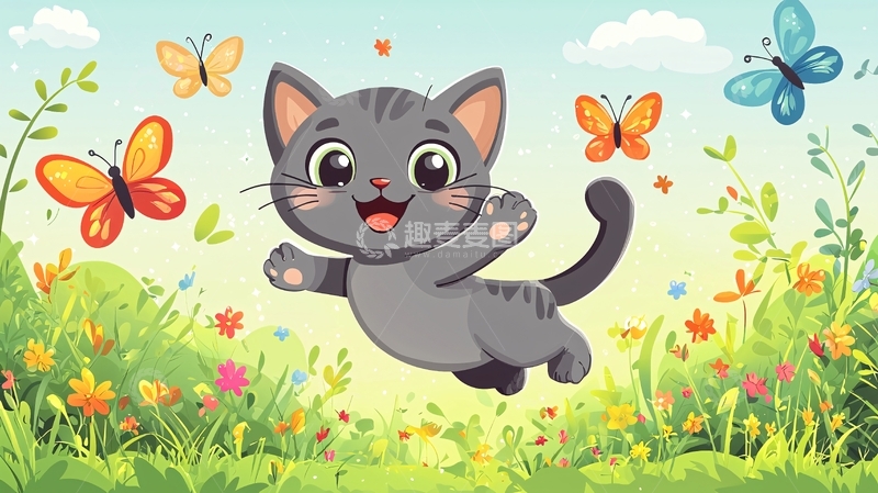 高清大图下载【趣麦麦图】可爱小猫跳跃花丛