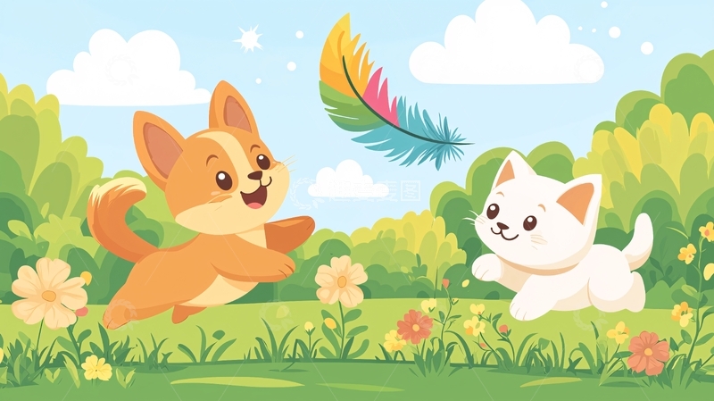 高清大图下载【趣麦麦图】小狗小猫玩羽毛