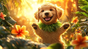 阳光下快乐的金毛小狗