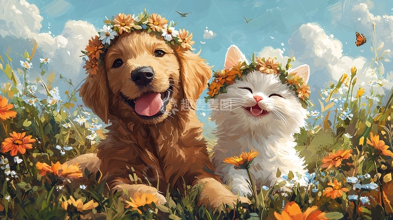 高清大图下载【趣麦麦图】戴花环的小狗和小猫