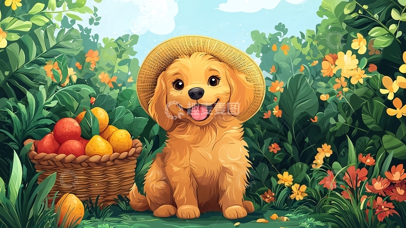 高清大图下载【趣麦麦图】戴草帽的金毛幼犬