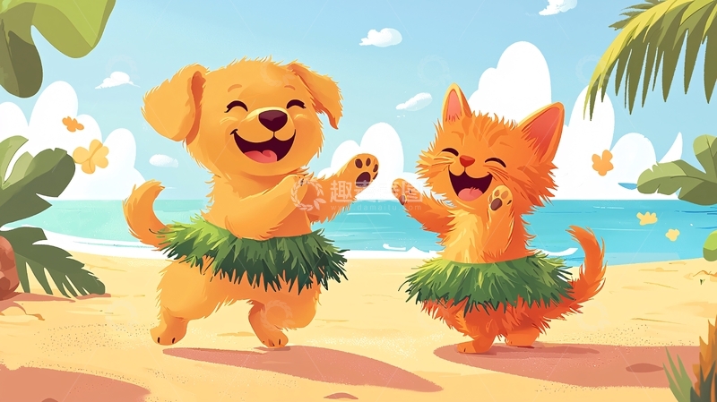 高清大图下载【趣麦麦图】沙滩上快乐的猫和狗