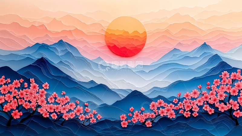 高清大图下载【趣麦麦图】日出山峦樱花剪纸