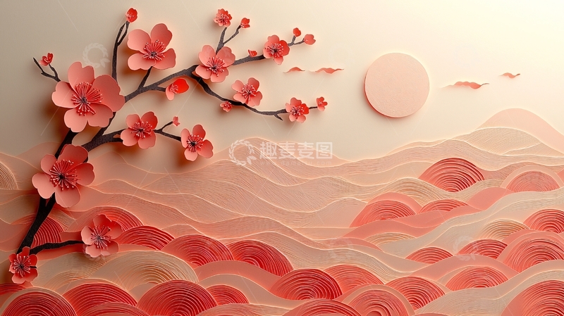 高清大图下载【趣麦麦图】粉色樱花剪纸