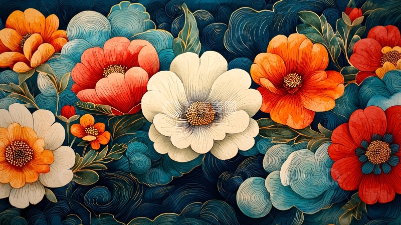 高清大图下载【趣麦麦图】色彩鲜艳的复古花卉图案