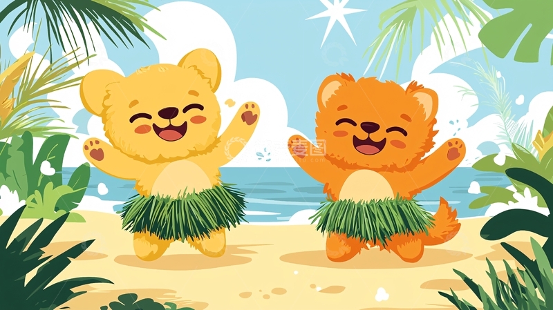 高清大图下载【趣麦麦图】卡通小熊海滩草裙舞