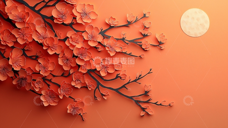 高清大图下载【趣麦麦图】橙色背景下的剪纸樱花