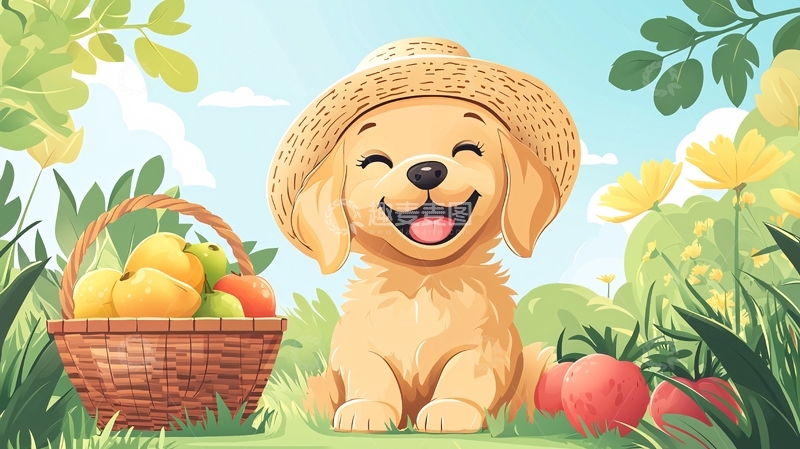 高清大图下载【趣麦麦图】戴草帽的金毛犬