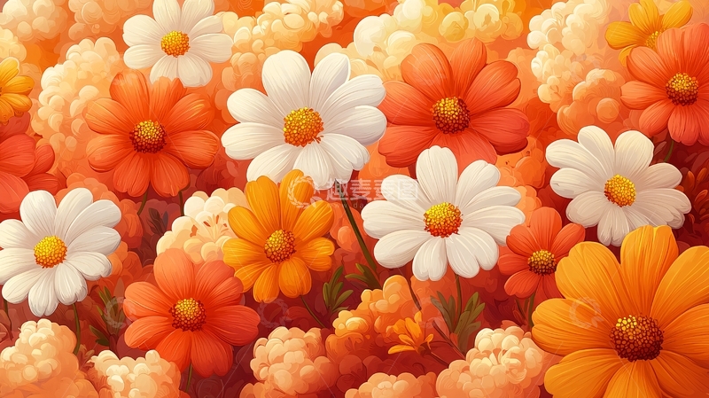 高清大图下载【趣麦麦图】橙色和白色雏菊花田