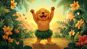 快乐的金毛犬热带风情图