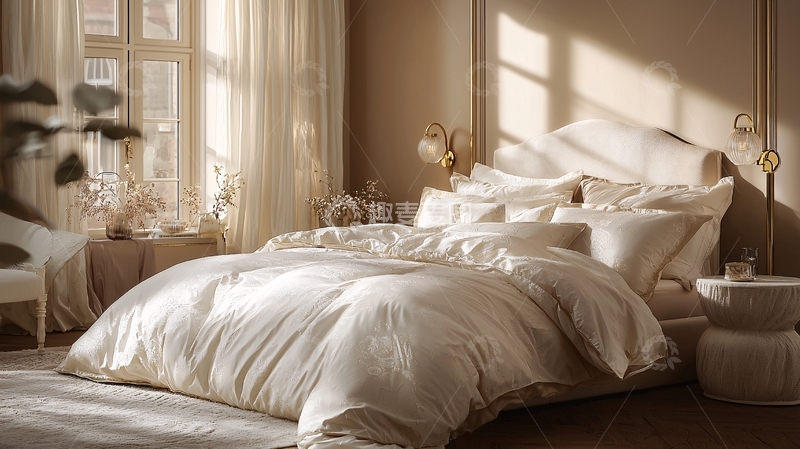 高清大图下载【趣麦麦图】奶油色丝绸床品