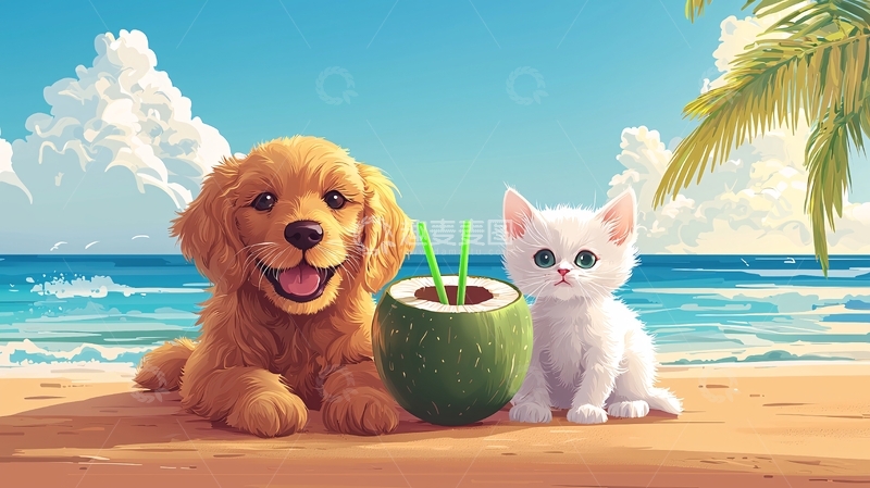 高清大图下载【趣麦麦图】沙滩上的金毛和小白猫