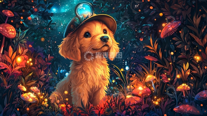 高清大图下载【趣麦麦图】戴帽小狗蘑菇森林