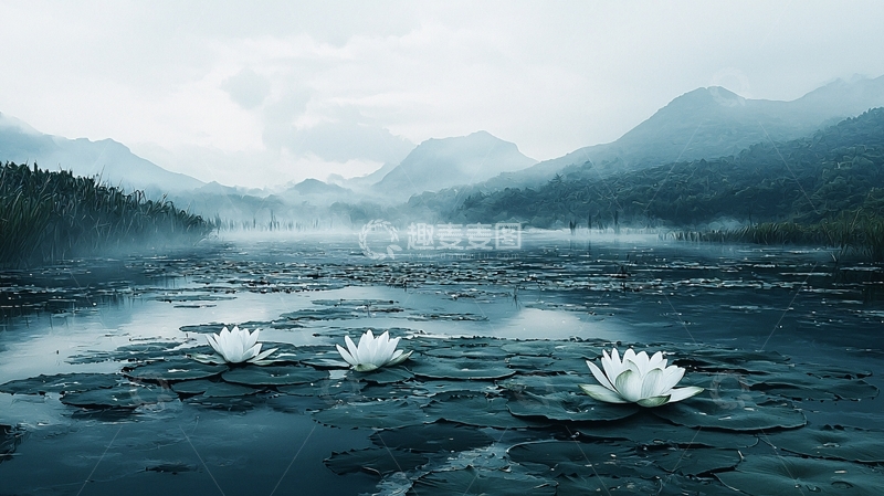 高清大图下载【趣麦麦图】雾气朦胧山湖白莲花