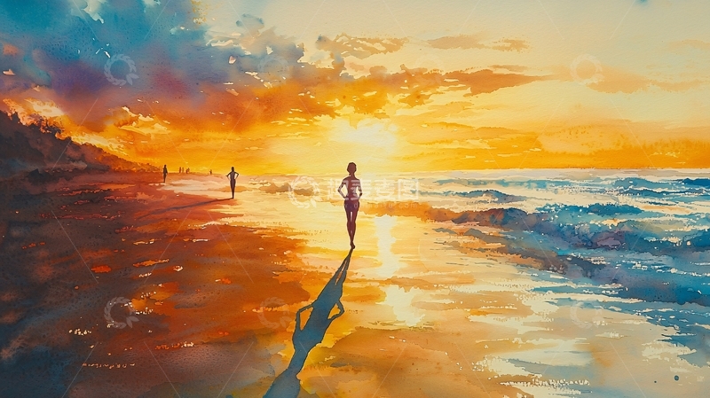 高清大图下载【趣麦麦图】傍晚海边落日剪影