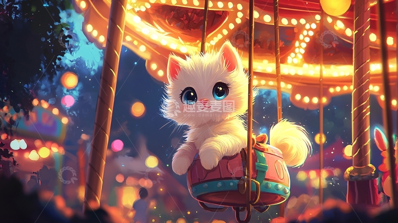 高清大图下载【趣麦麦图】旋转木马上的小猫