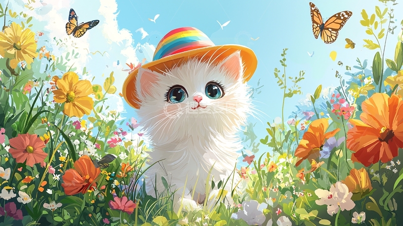 高清大图下载【趣麦麦图】戴彩虹帽的小猫